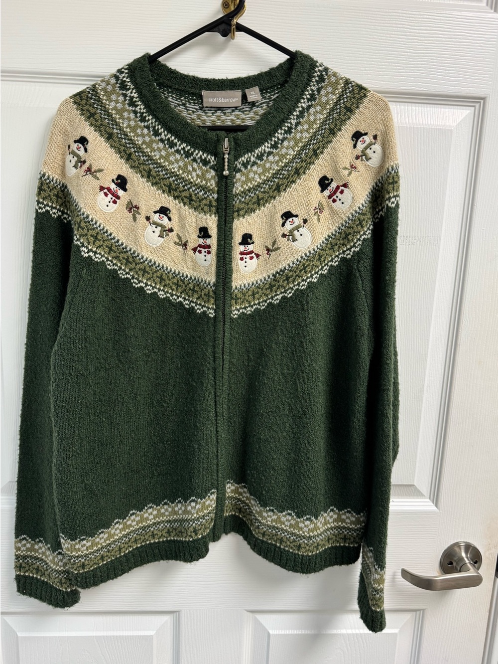 Croft & Barrow Green Zip-Up Sweater Cardigan Cream Snowman Yoke Has Some Pilling